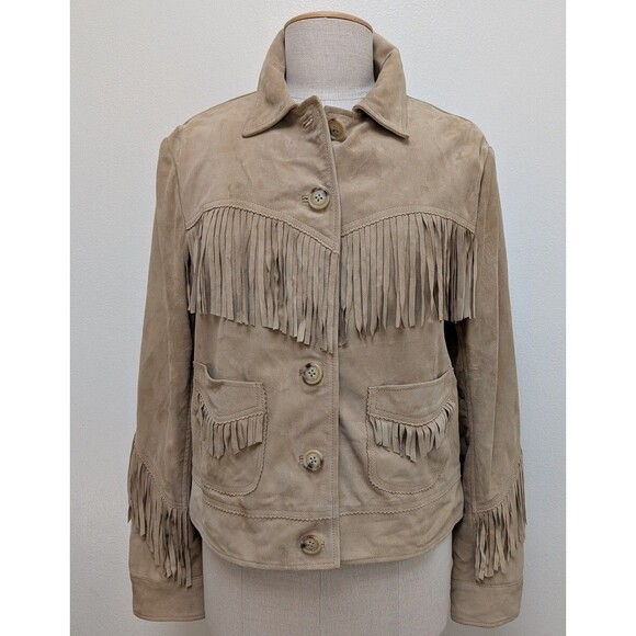 Lauren Ralph Lauren Womens Fringe Trim Goat Suede Jacket Western Beige 14 no tag - Picture 2 of 7